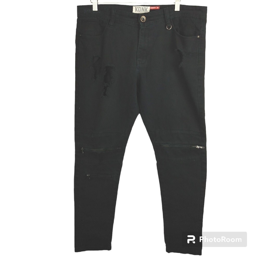 KDNK Mens Black Stretch Denim Ripped Distressed Skinny Jeans Zippers Size 34
